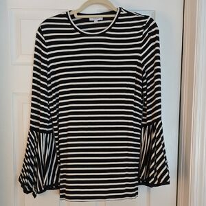 Express Black and White Pleated Blouse with 3/4 Bell Sleeves